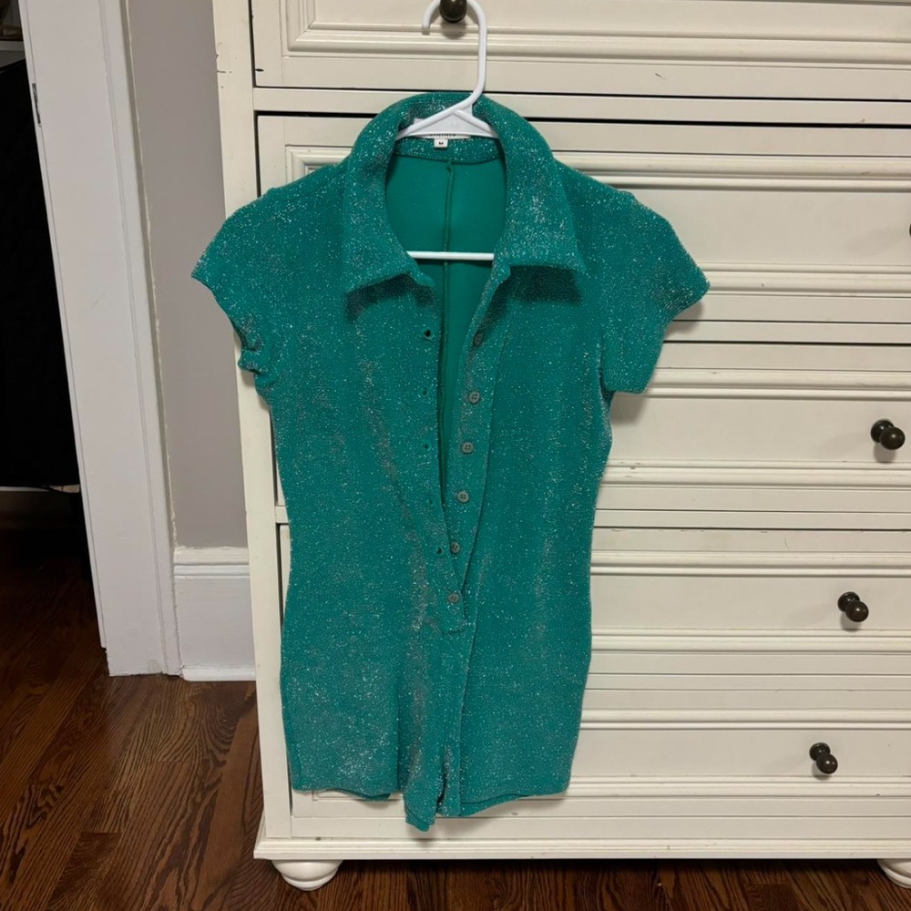Frankie’s Bikinis Teal Sparkly Button-Up Women's Romper